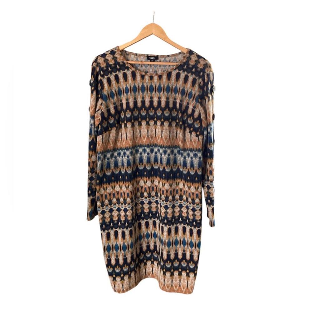 Tacera Bold Print Blue, Tan & Copper Shift Midi Dress 𝅺- Size XL
